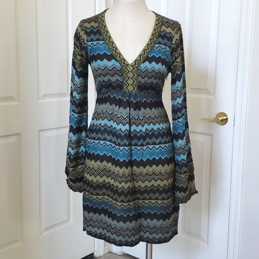 Vintage Y2K HALE BOB Boho Woven Mini Dress • Olive Green Turquoise Chevron • XS - Picture 3 of 12